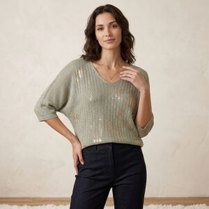 Lace Italy Metallic Gold Knit V-Neck Sage Sweater S/M Dolman Sleeve Boho Shimmer